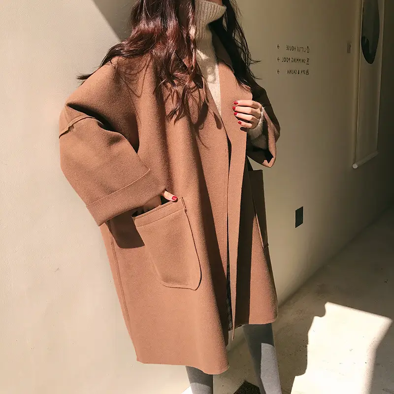 Women Woolen Coat Brown Large Loose Fit - Image 2