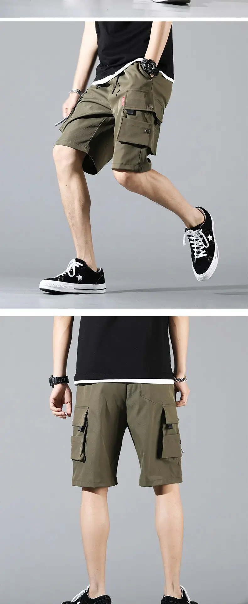 Men's Cotton Cargo Shorts Olive Green Loose Fit — feature 12