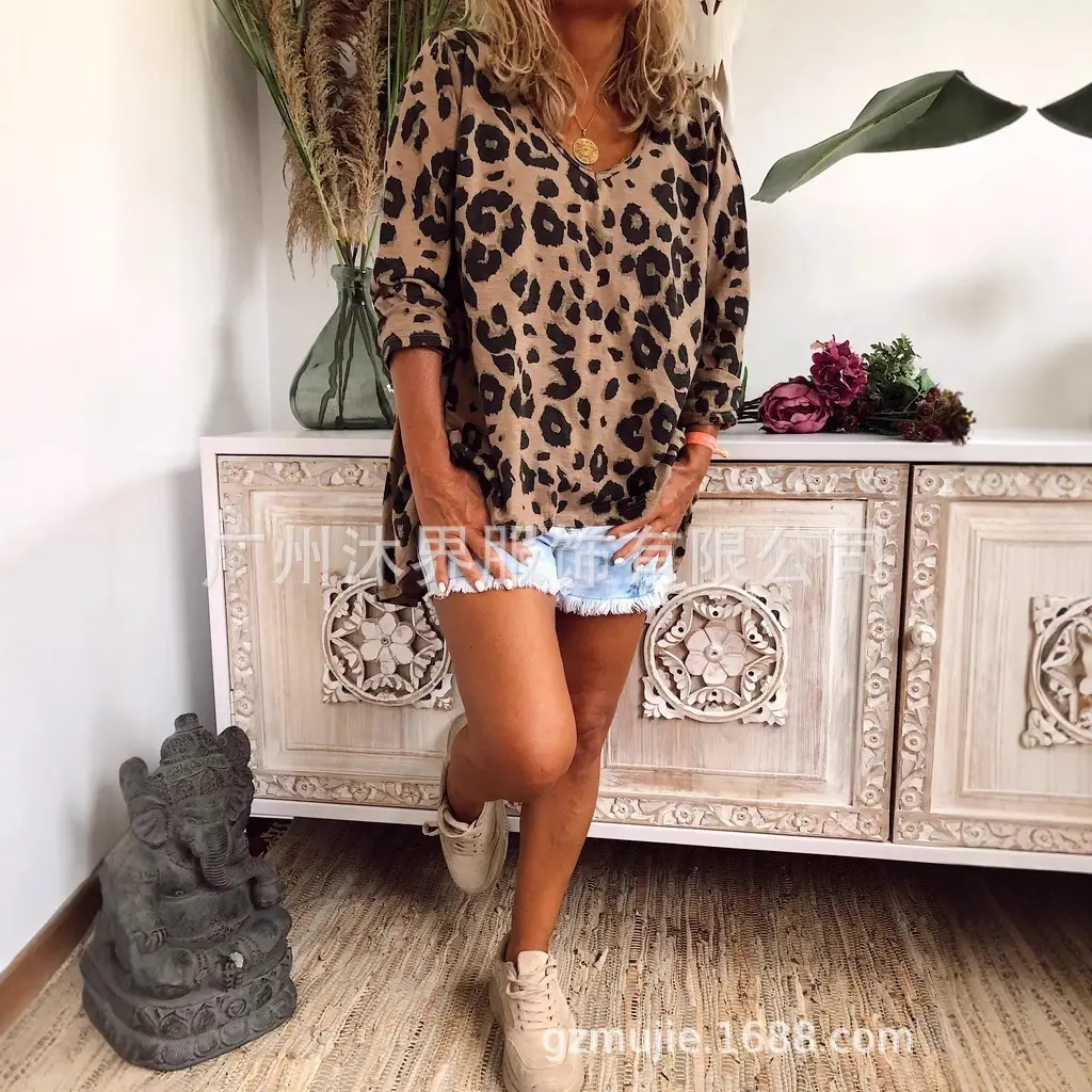 Women Leopard Print V Neck T-Shirt Long Sleeve Casual Wear - Image 4
