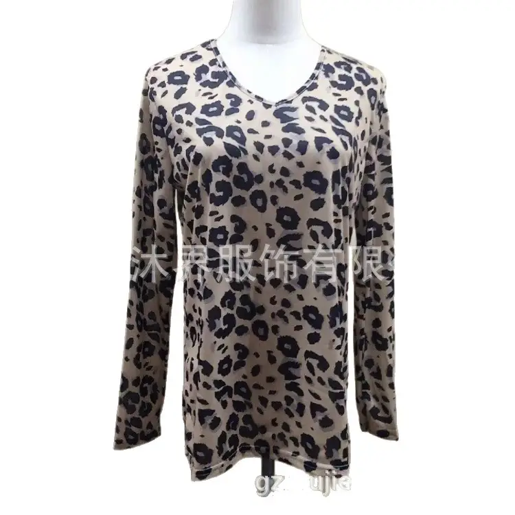 Women Leopard Print V Neck T-Shirt Long Sleeve Casual Wear - Image 7