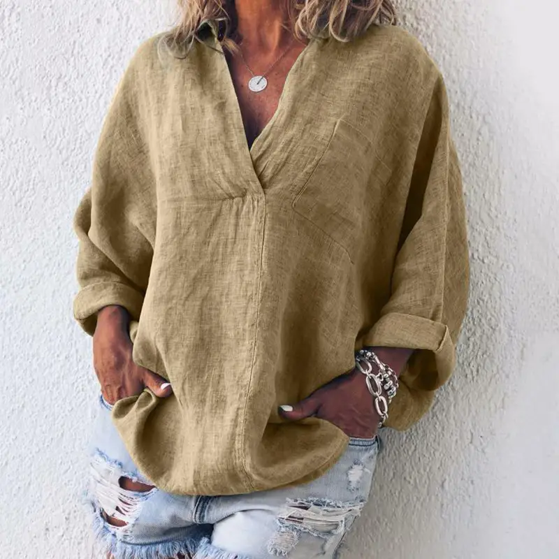 Women's V Neck Long Sleeve Pullover Shirt Beige Cotton