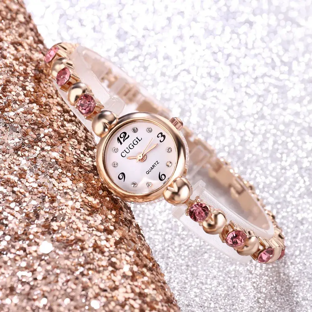 Women's Peach Heart Watch with Rhinestone Diamond Bracelet