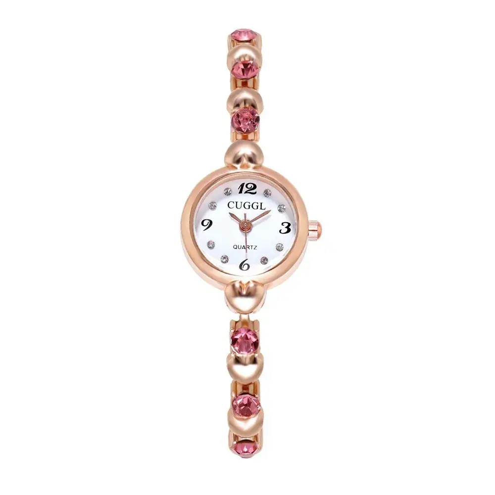 Women's Peach Heart Watch with Rhinestone Diamond Bracelet
