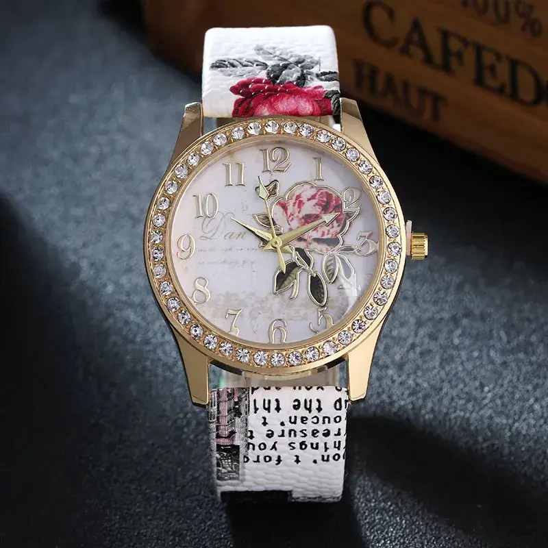 Women's Gold Rose Dial Watch with Diamond Strap
