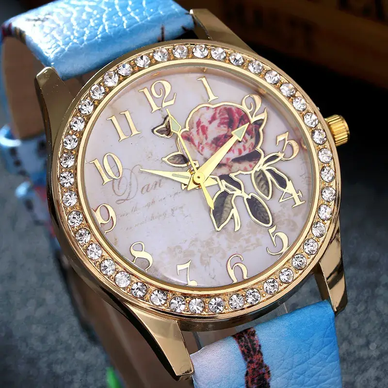 Women's Gold Rose Dial Watch with Diamond Strap