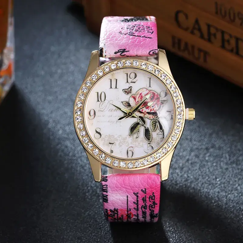 Women's Gold Rose Dial Watch with Diamond Strap