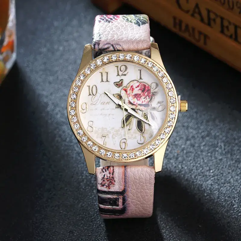 Women's Gold Rose Dial Watch with Diamond Strap