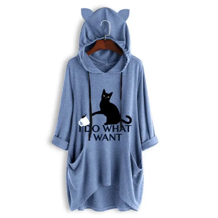 Women's Blue Cat Hooded Hoodie Large Loose Fit