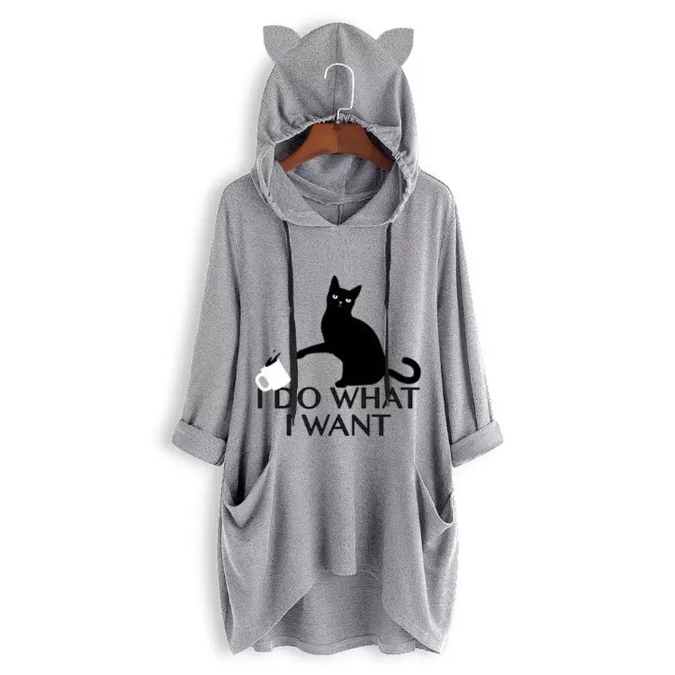 Women's Blue Cat Hooded Hoodie Large Loose Fit