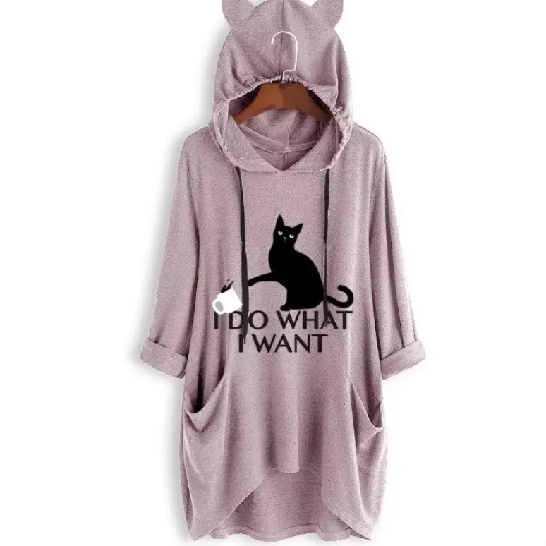 Women's Blue Cat Hooded Hoodie Large Loose Fit