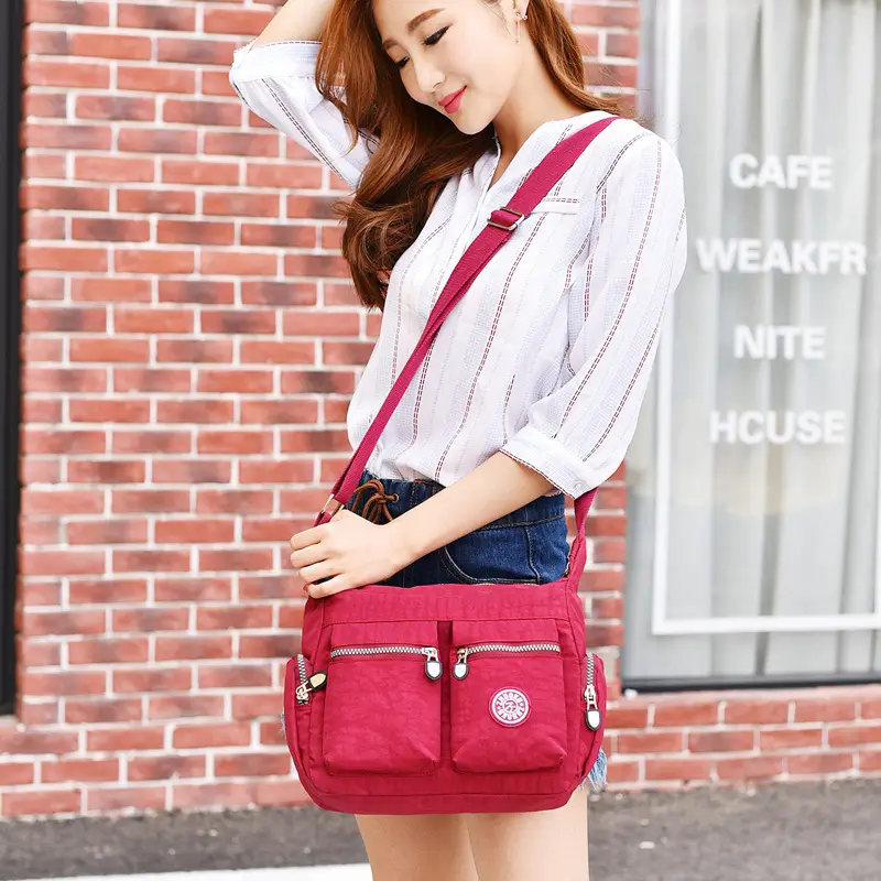 Women's Red Nylon Shoulder Messenger Bag with Zip Pockets - Image 7
