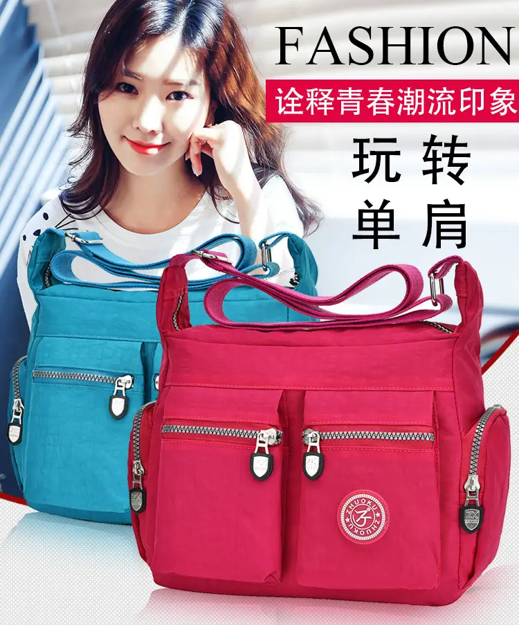 Women's Red Nylon Shoulder Messenger Bag with Zip Pockets - Image 8