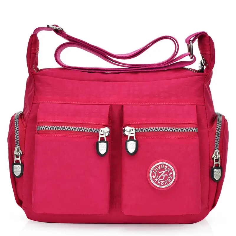 Women's Red Nylon Shoulder Messenger Bag with Zip Pockets - Image 5