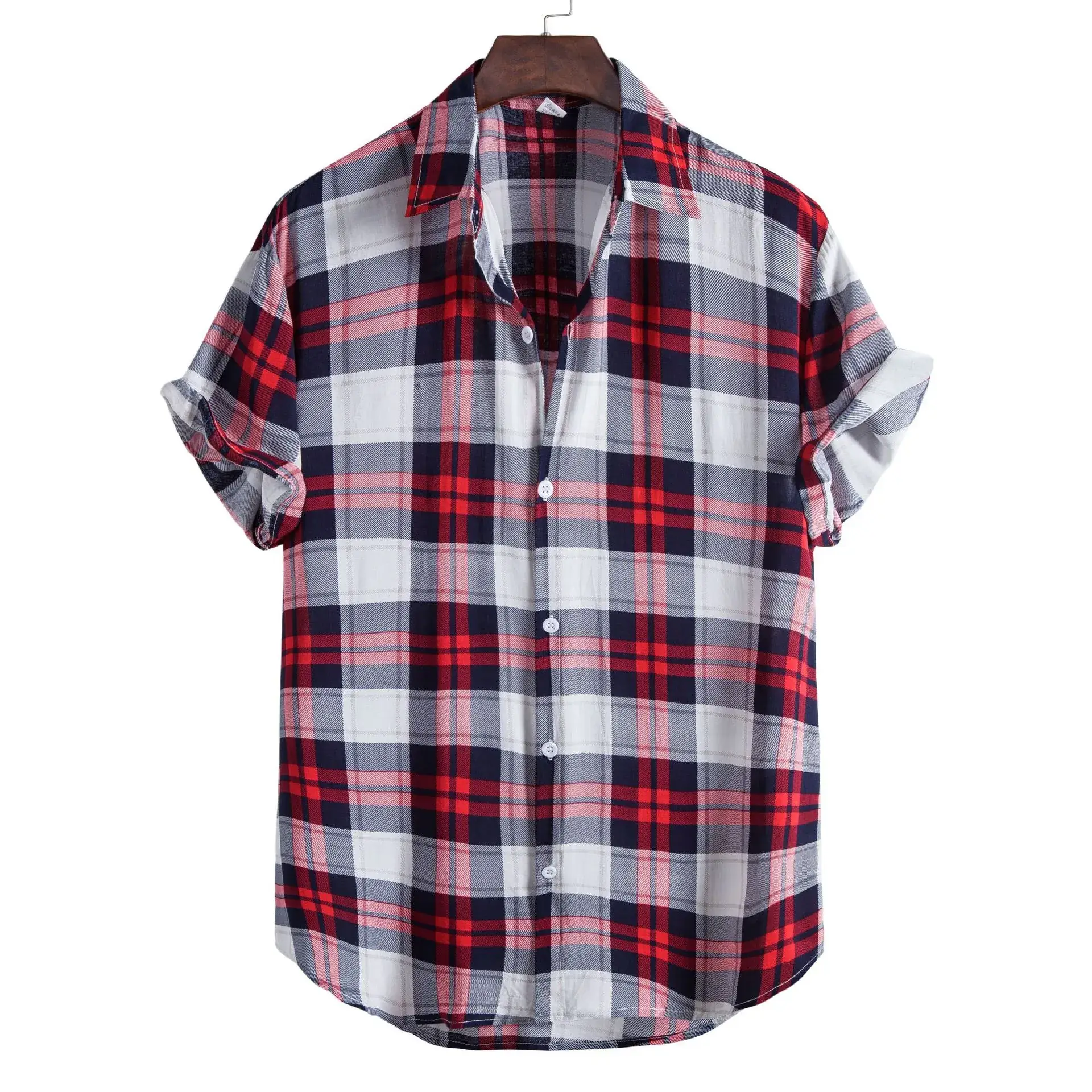 Men Striped Short Sleeve Shirt Pink Brown - Image 7