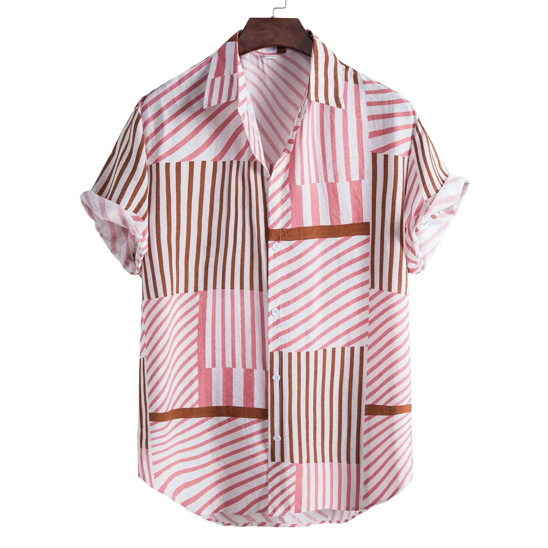 Men Striped Short Sleeve Shirt Pink Brown - Image 6