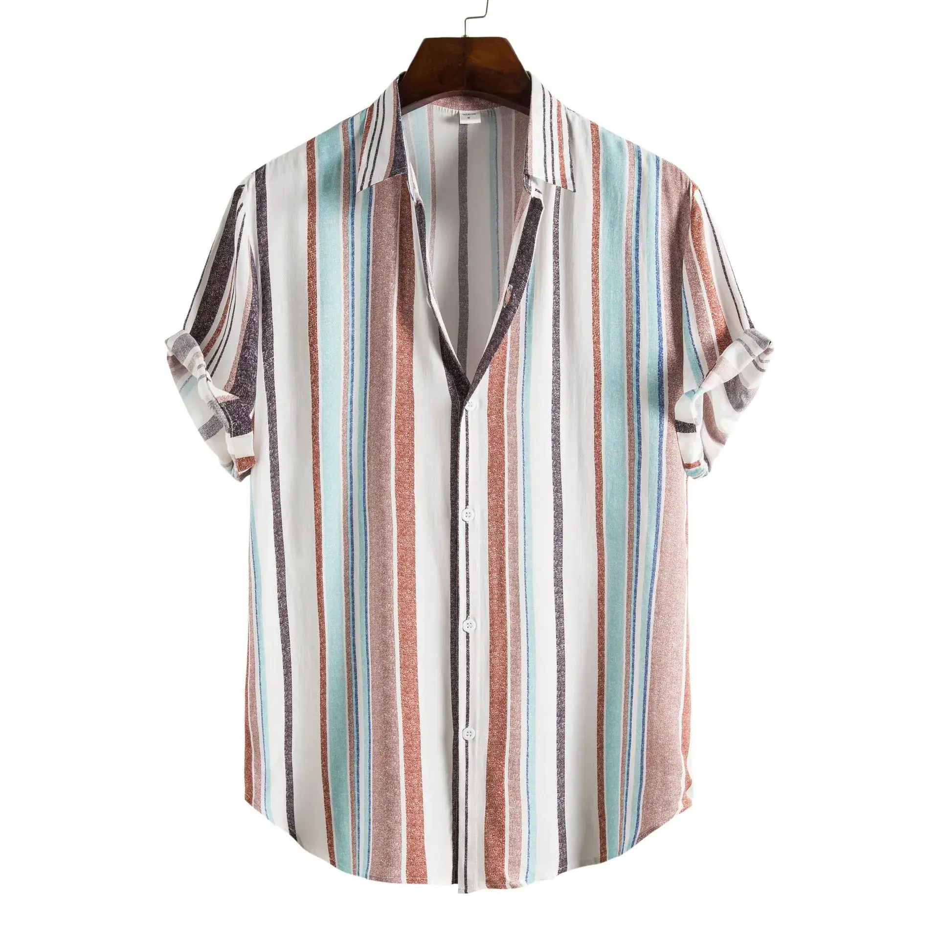 Men Striped Short Sleeve Shirt Pink Brown - Image 10