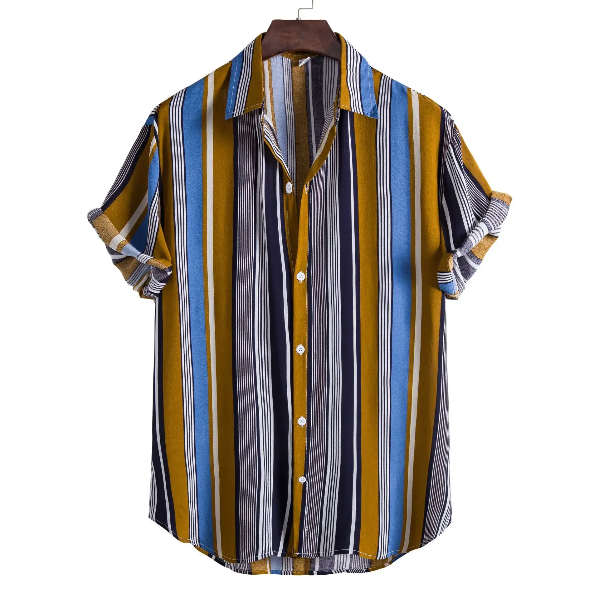 Men Striped Short Sleeve Shirt Pink Brown - Image 2