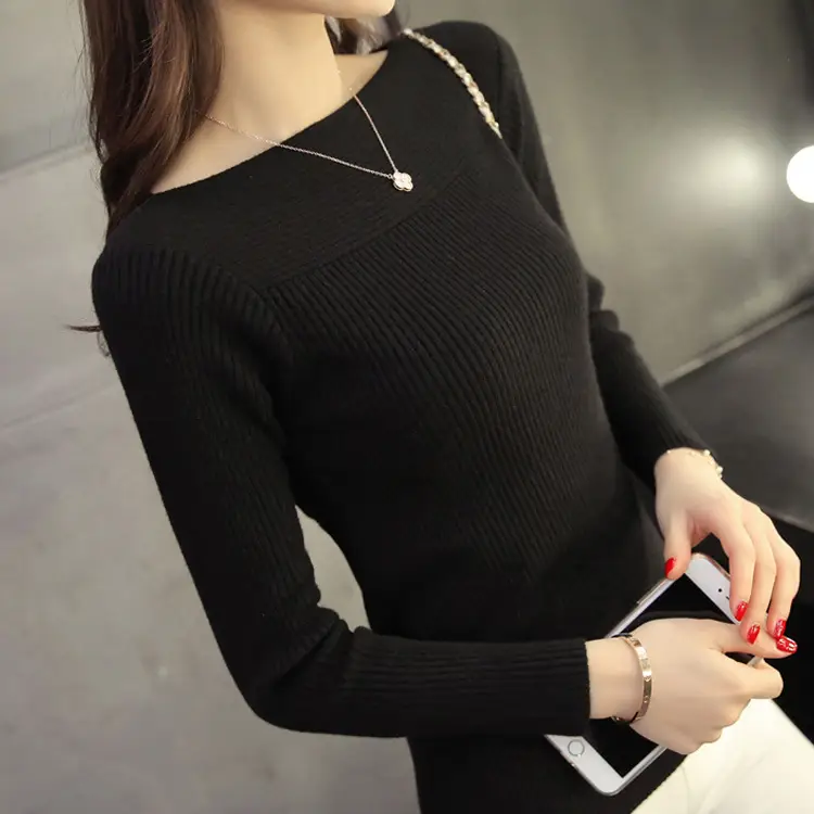 Women's Pink Ribbed Off-Neck Sweater Short Slim Fit - Image 2