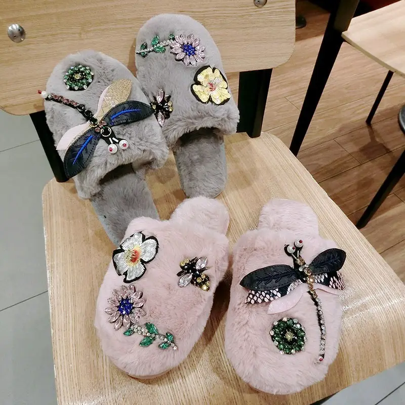 Star with Flower Rhinestone Plush Slippers Beige