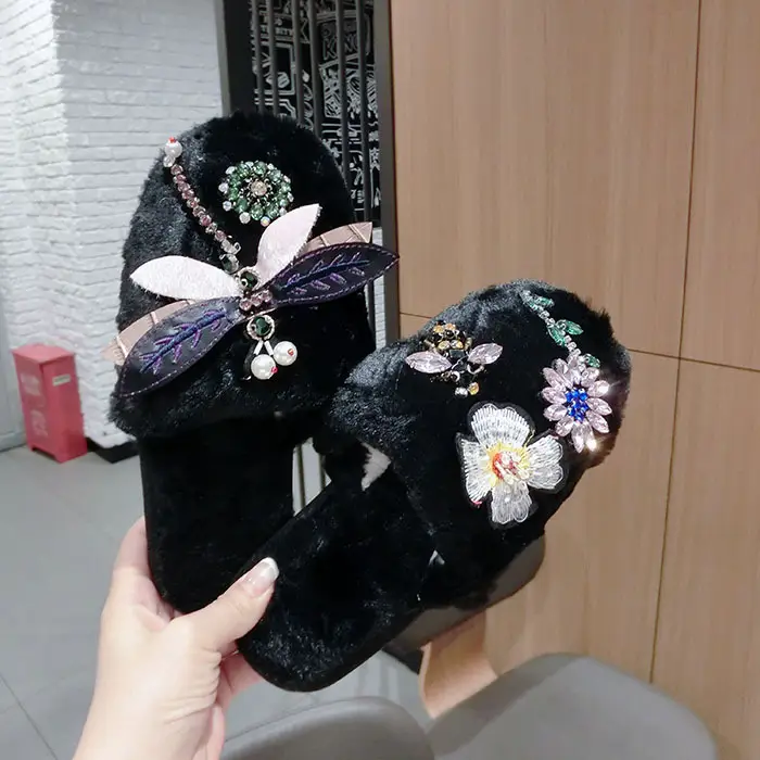 Star with Flower Rhinestone Plush Slippers Beige