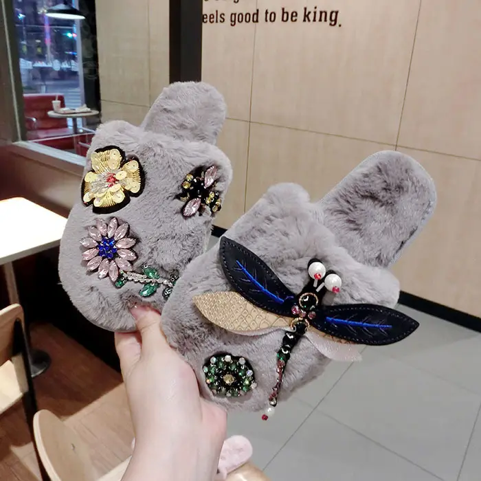 Star with Flower Rhinestone Plush Slippers Beige