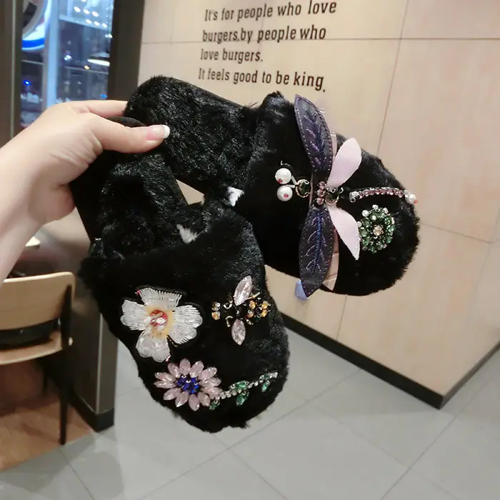 Star with Flower Rhinestone Plush Slippers Beige
