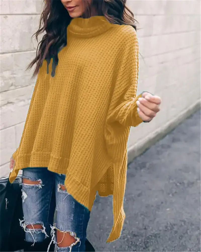 Women's Knitted High-Neck Long-Sleeve Top Yellow - Image 3