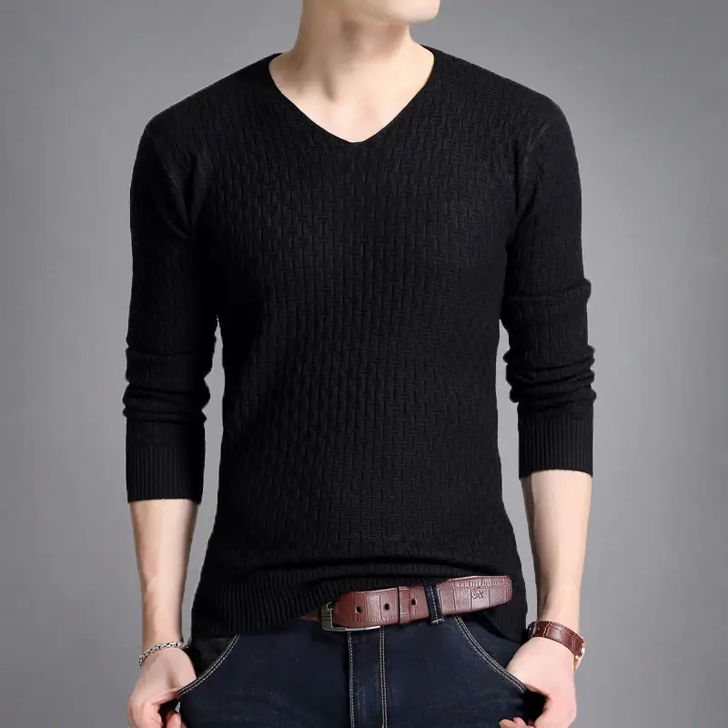 Men's V Neck Knit Pullover White Slim Fit Long Sleeve - Image 2