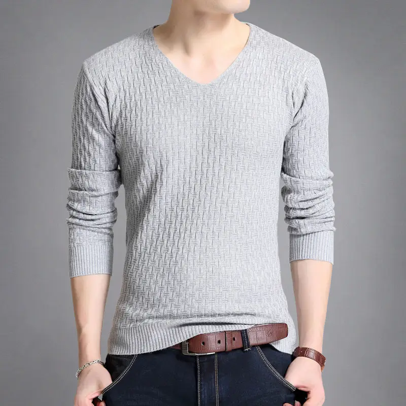 Men's V Neck Knit Pullover White Slim Fit Long Sleeve - Image 4