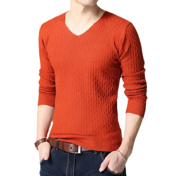 Men's V Neck Knit Pullover White Slim Fit Long Sleeve - Image 6