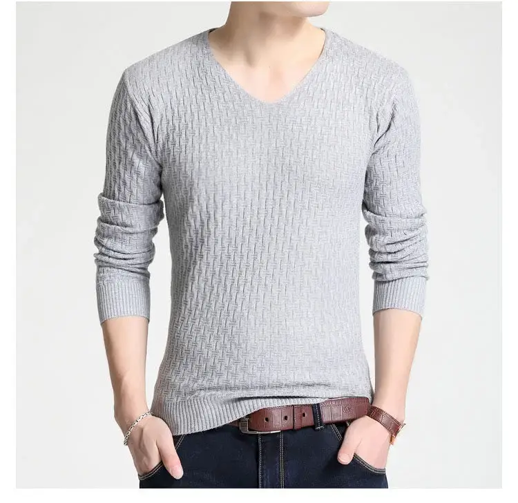 Men's V Neck Knit Pullover White Slim Fit Long Sleeve — feature 2