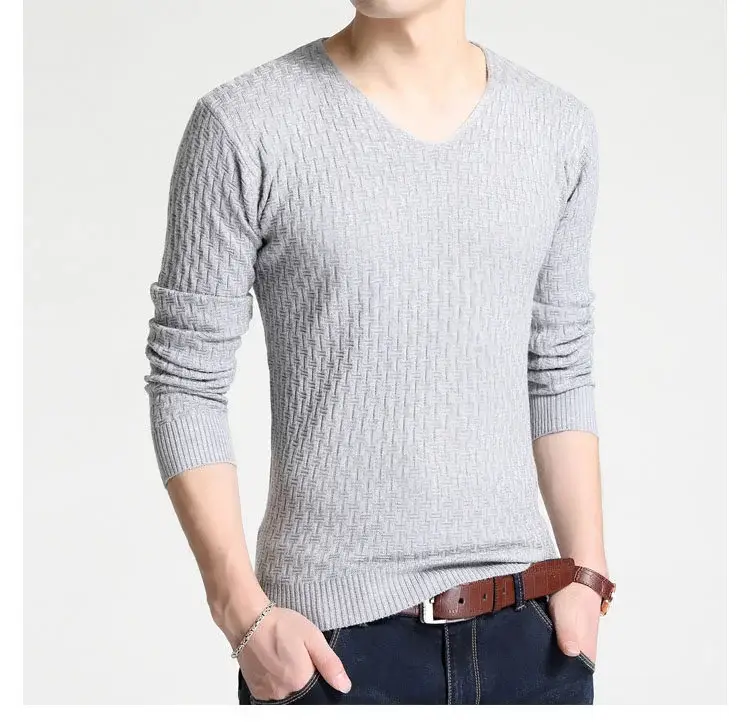 Men's V Neck Knit Pullover White Slim Fit Long Sleeve — feature 3