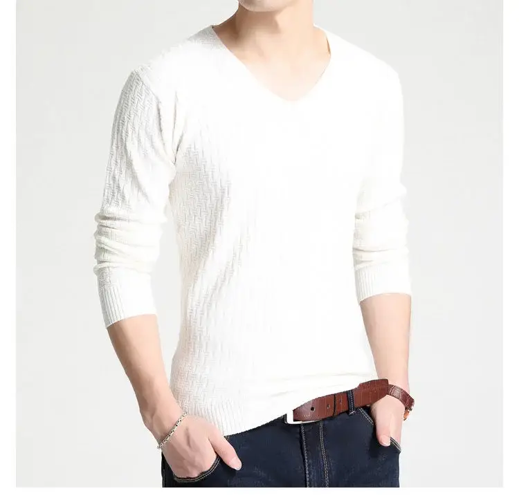 Men's V Neck Knit Pullover White Slim Fit Long Sleeve — feature 4