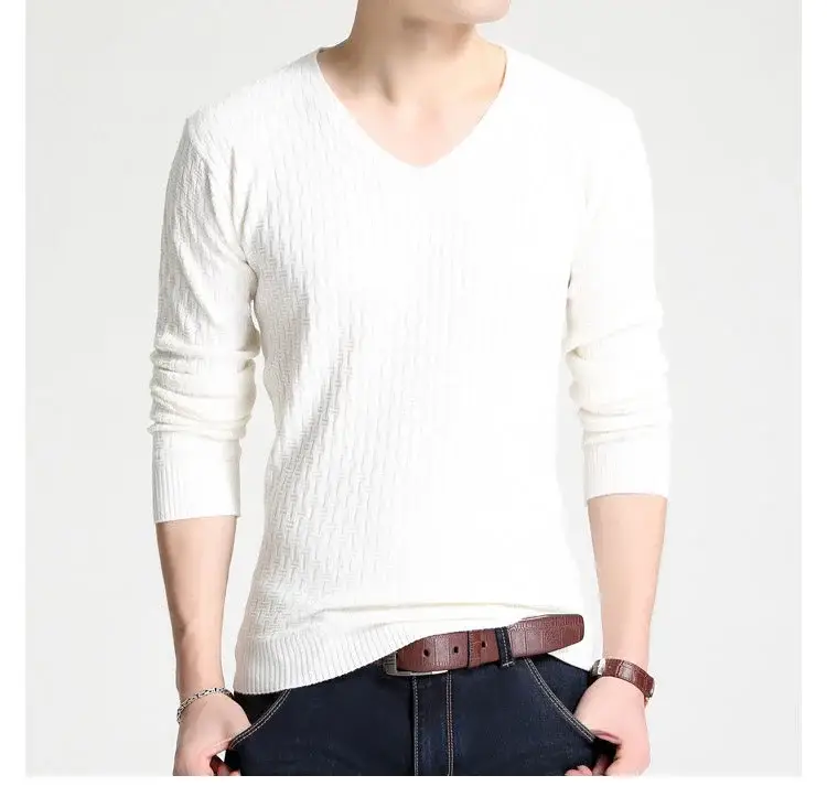 Men's V Neck Knit Pullover White Slim Fit Long Sleeve — feature 5