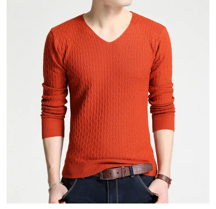 Men's V Neck Knit Pullover White Slim Fit Long Sleeve — feature 7