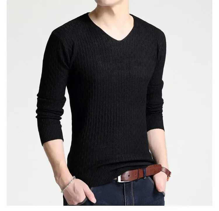 Men's V Neck Knit Pullover White Slim Fit Long Sleeve — feature 8