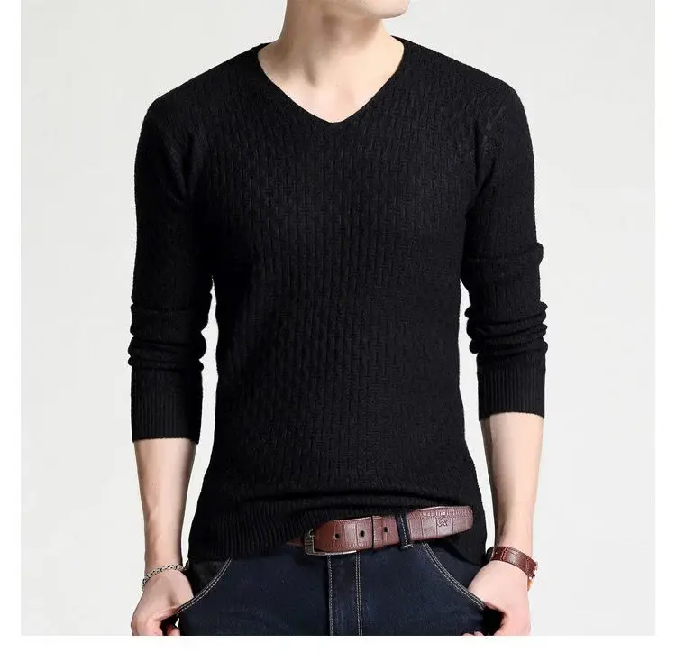 Men's V Neck Knit Pullover White Slim Fit Long Sleeve — feature 9
