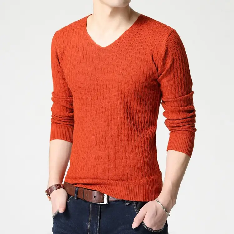 Men's V Neck Knit Pullover White Slim Fit Long Sleeve - Image 3