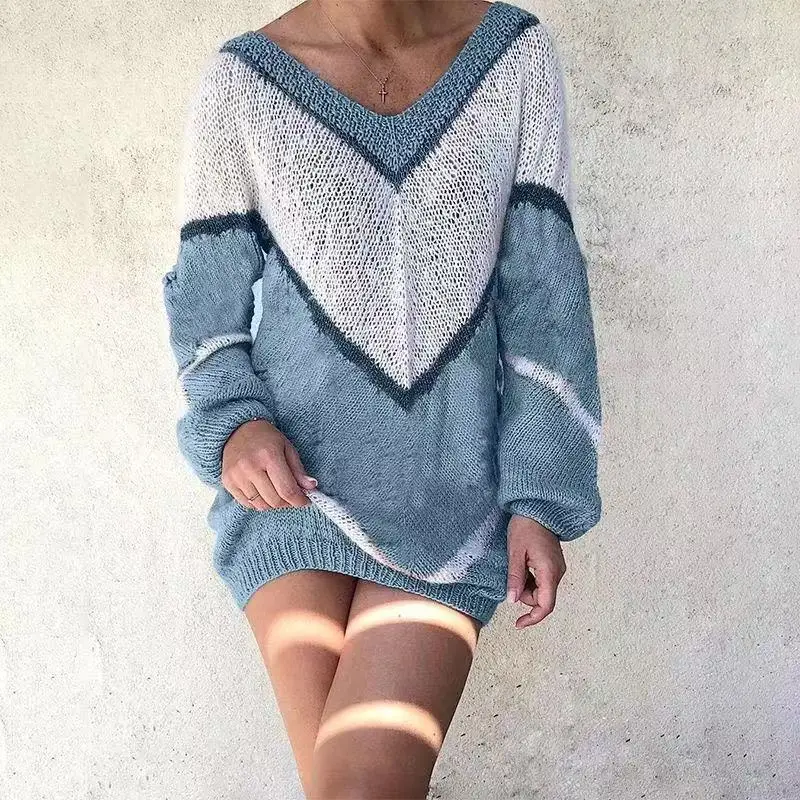 Women V-Neck Geometric Sweater Brown White Loose Autumn Winter - Image 5