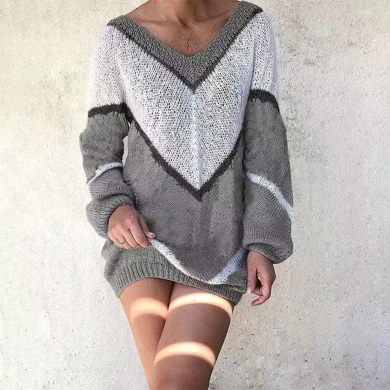 Women V-Neck Geometric Sweater Brown White Loose Autumn Winter - Image 6