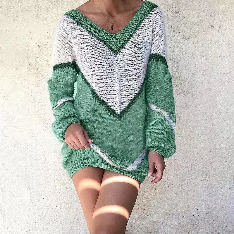 Women V-Neck Geometric Sweater Brown White Loose Autumn Winter - Image 7