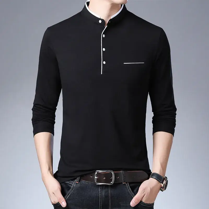 Men's Maroon Long Sleeve T-Shirt with Stand Collar - Image 3