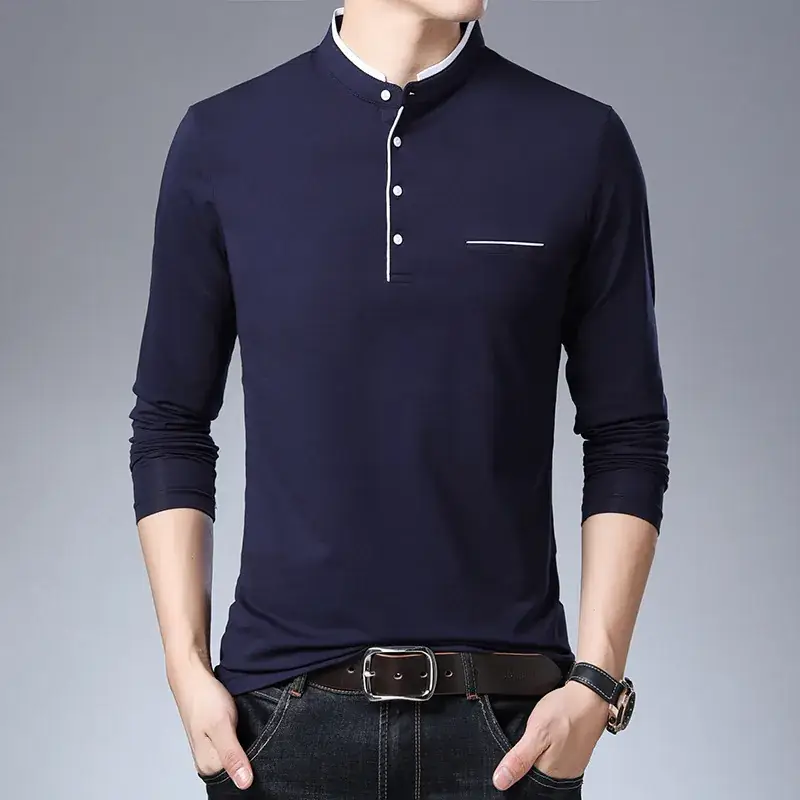 Men's Maroon Long Sleeve T-Shirt with Stand Collar - Image 4
