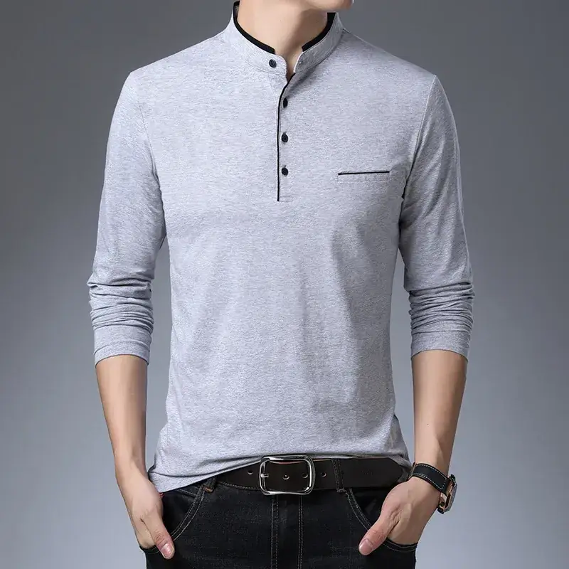 Men's Maroon Long Sleeve T-Shirt with Stand Collar - Image 2