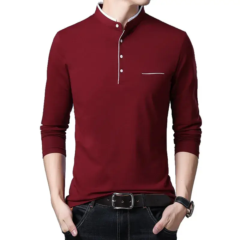 Men's Maroon Long Sleeve T-Shirt with Stand Collar - Image 5