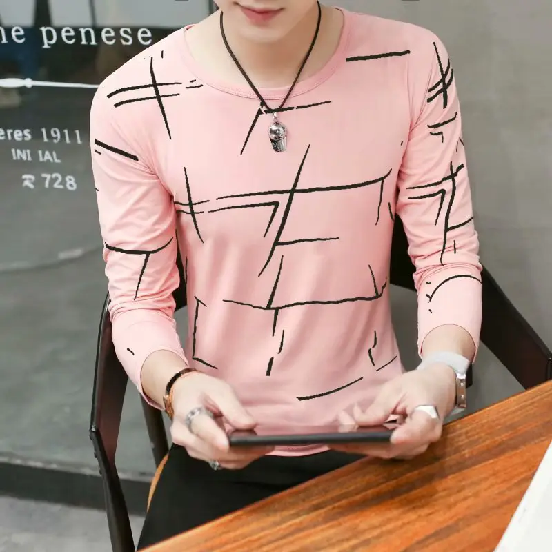 Men Pink Geometric Long Sleeve T-Shirt Round Neck