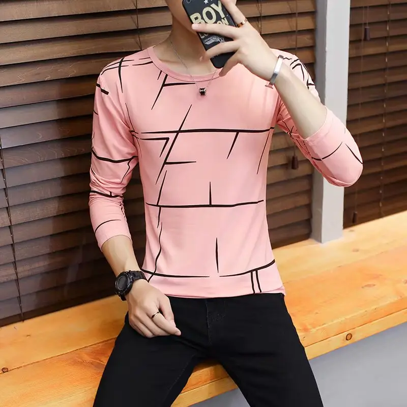 Men Pink Geometric Long Sleeve T-Shirt Round Neck