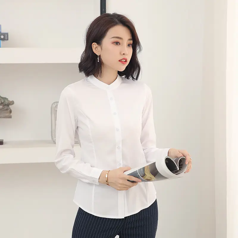 Women's White Long Sleeve Stand Collar Shirt 2021 - Image 12