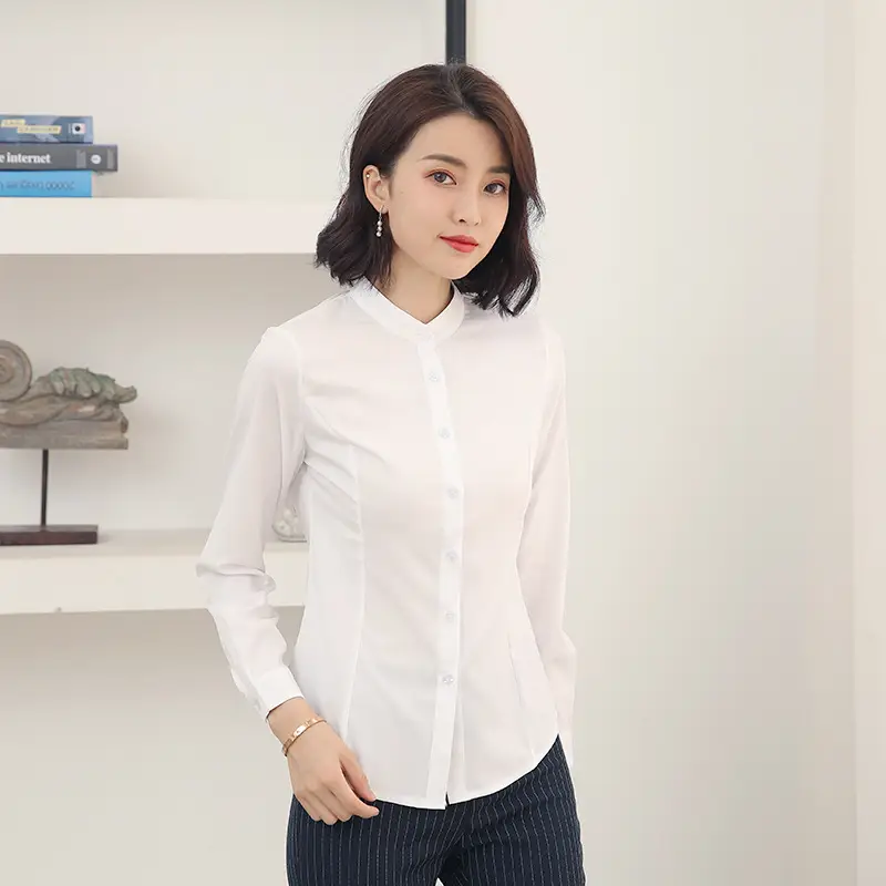 Women's White Long Sleeve Stand Collar Shirt 2021 - Image 13