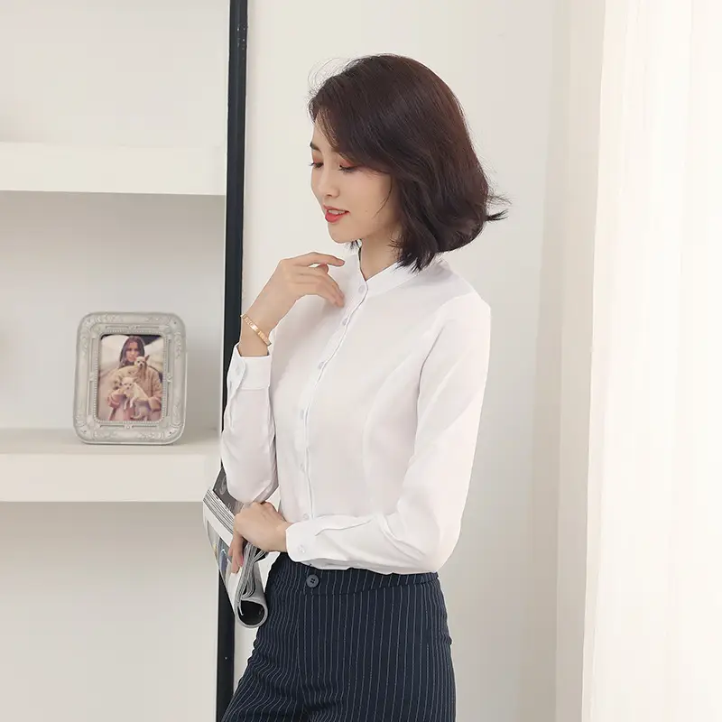 Women's White Long Sleeve Stand Collar Shirt 2021 - Image 14